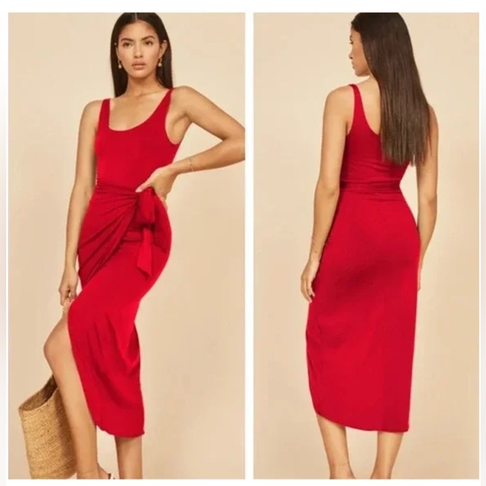 Reformation Red Tie-Waist Midi Dress